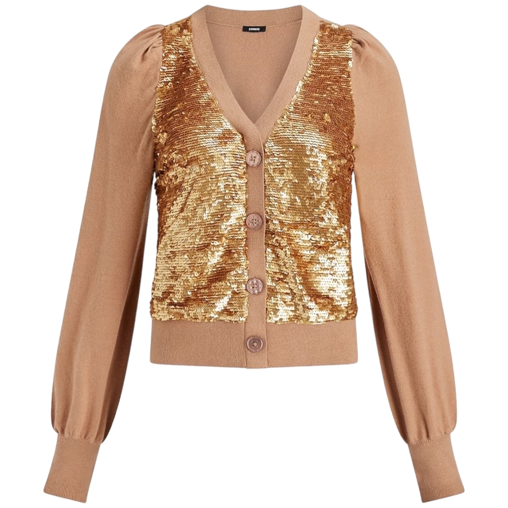 Express Sequin Button Front Cardigan Sweater Womens Medium Pecan Tan